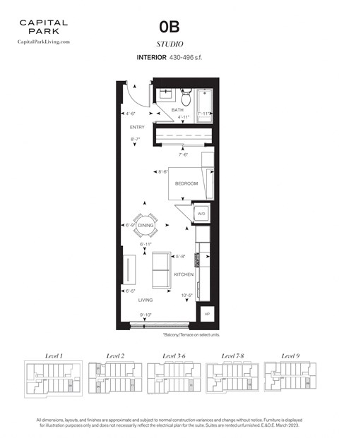 Floor plan for 1 bed, 1 bath, 518 sqft